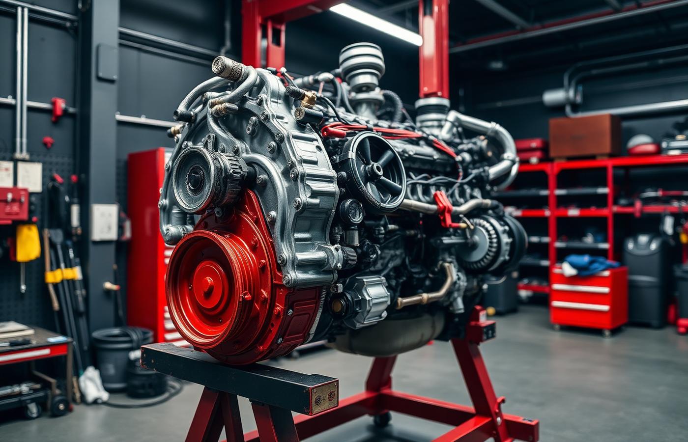Motor diésel en reparación sobre soporte en el taller AutoStreet de Tunja